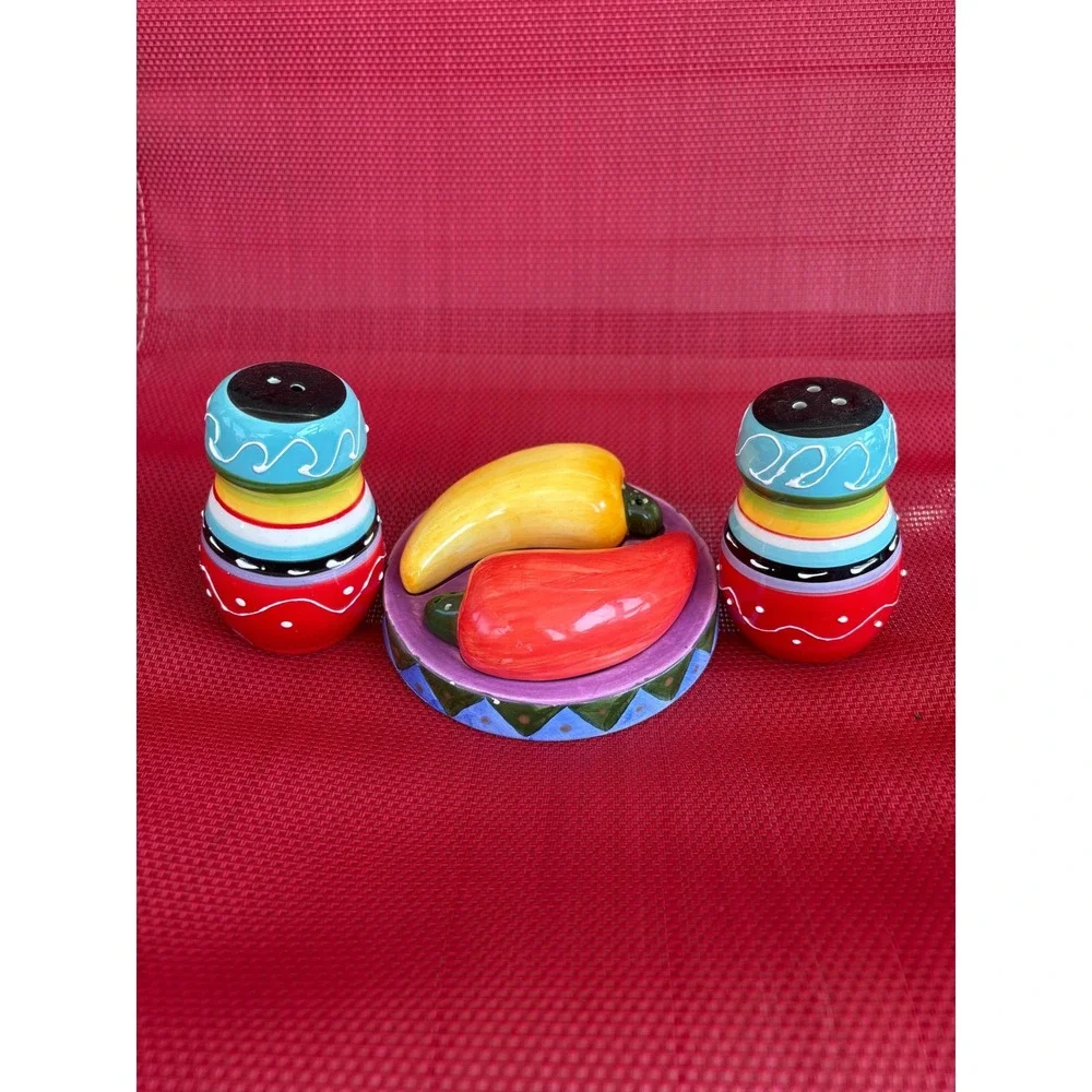 Colorful Ceramic Salt and Pepper Shaker Set with Chili Pepper Tray 5 Piece Set